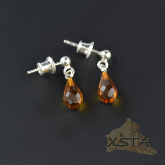 Drop shape amber earrings faceted cognac color